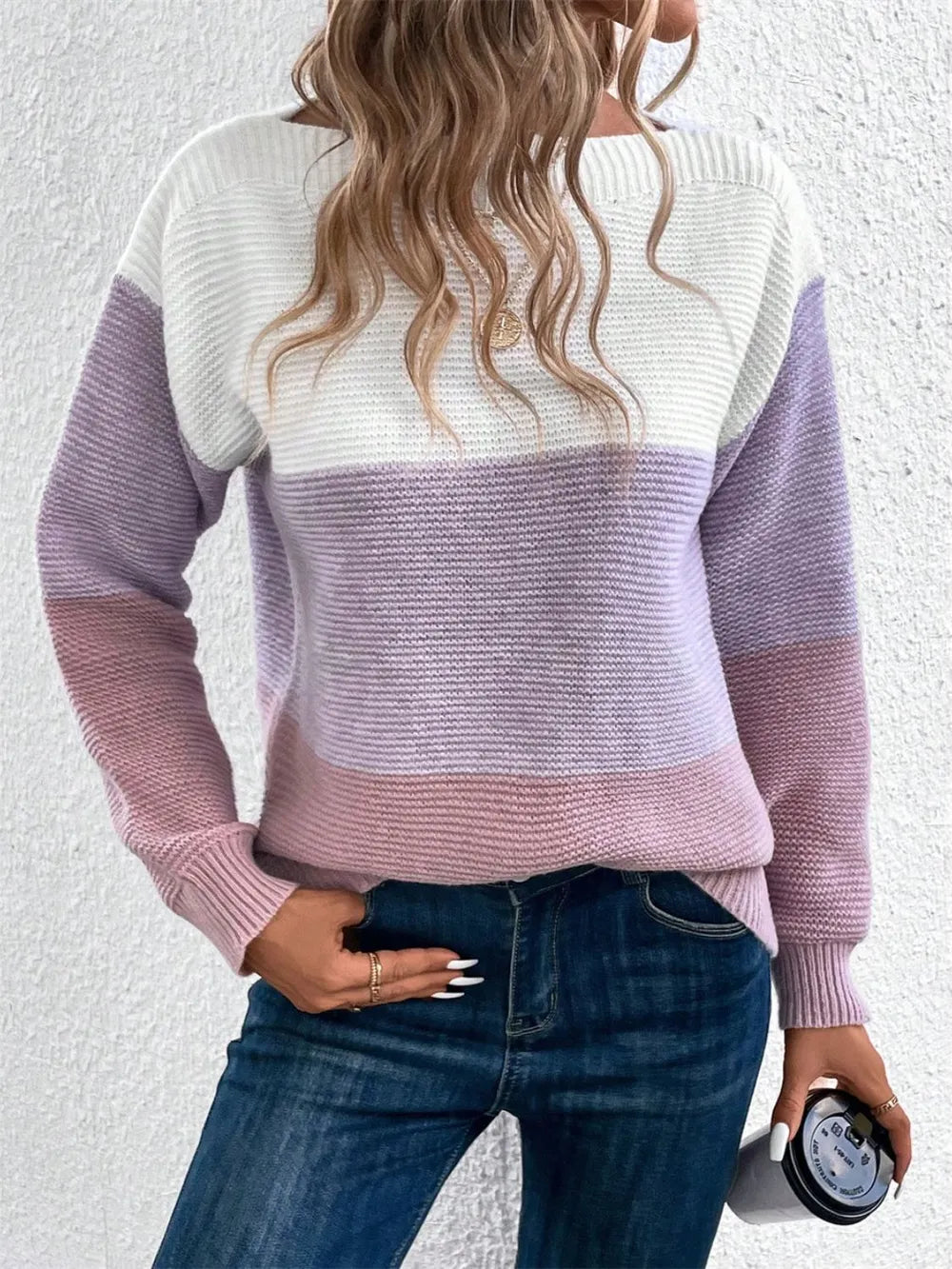 Color-block long sleeve sweater, white and purple knit with pinkish center stripe