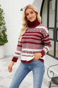 Geometric turtleneck sweater in deep red and white knit pattern, long sleeves