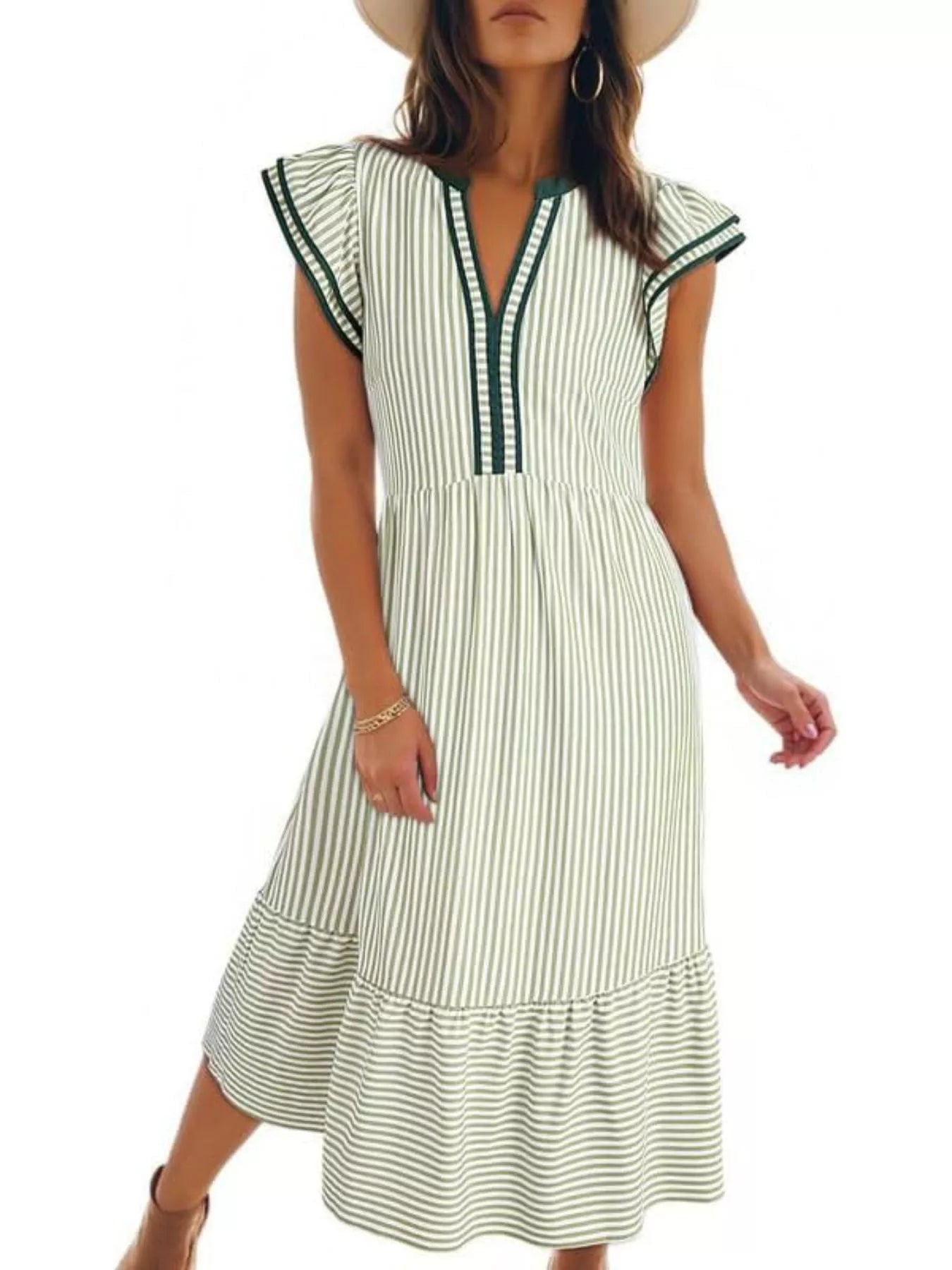 Green-and-cream striped midi dress with ruffle cap sleeves and V-neck trim