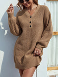 Camel V-neck mini sweater dress with button placket and long sleeves