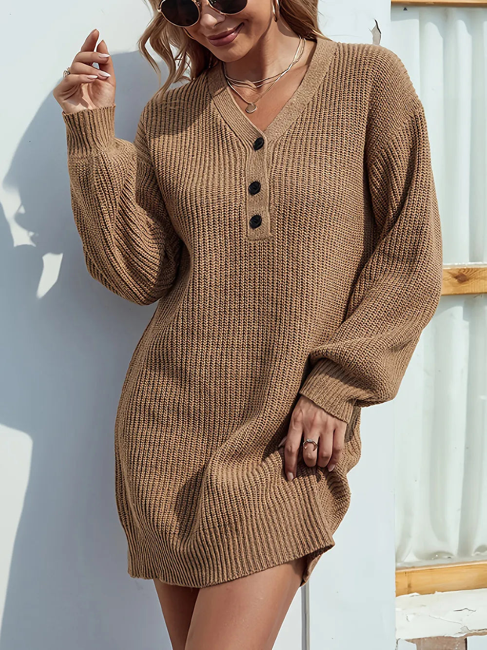 Camel V-neck mini sweater dress with button placket and long sleeves