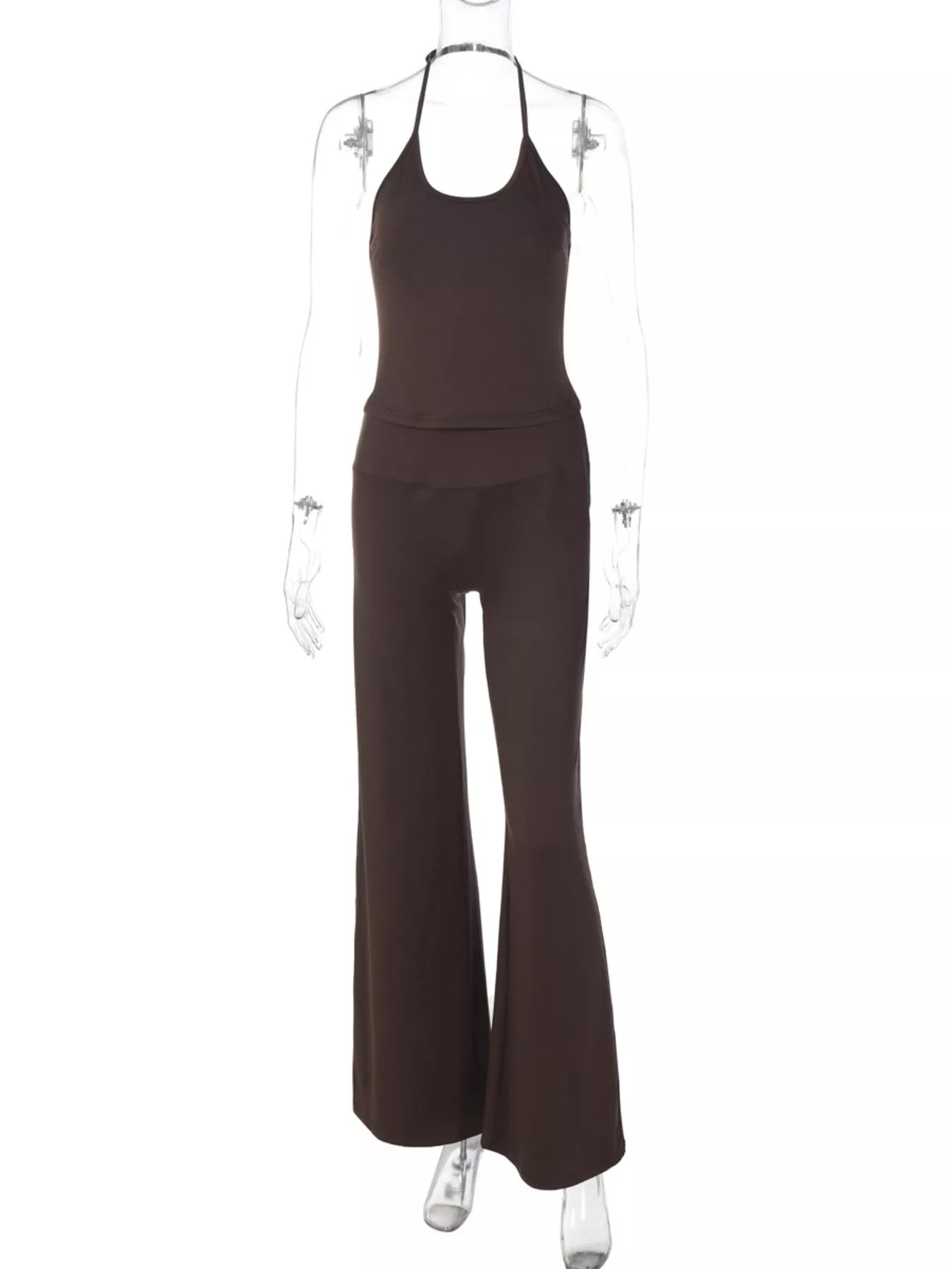 Dark brown halter neck crop top and wide-leg pants set, front view