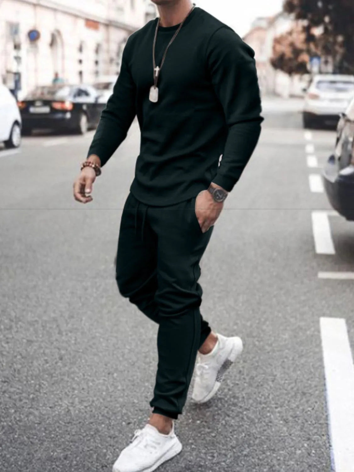 Men's long-sleeve crew-neck top and jogger pants set, dark
