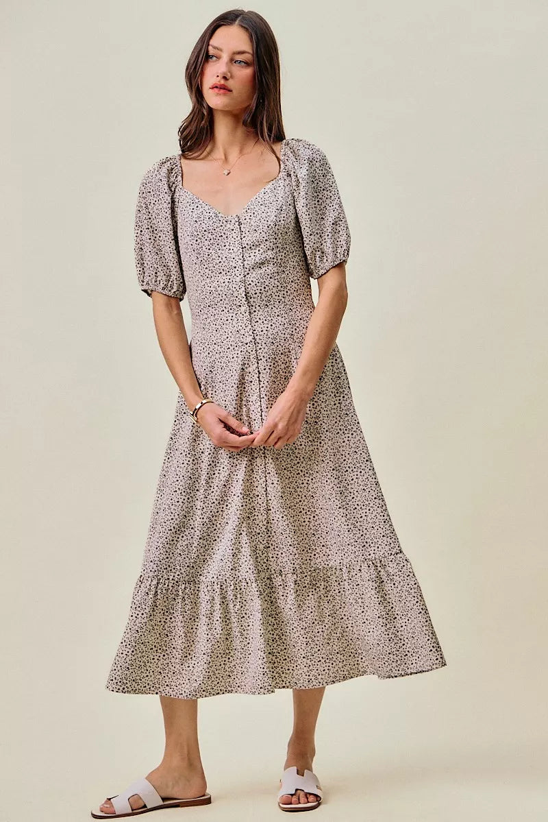 Ditsy floral maxi dress with square neckline, puff sleeves, and gathered elastic waist