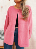 Pink one-button front drop-shoulder cardigan with ribbed hem and cuffs