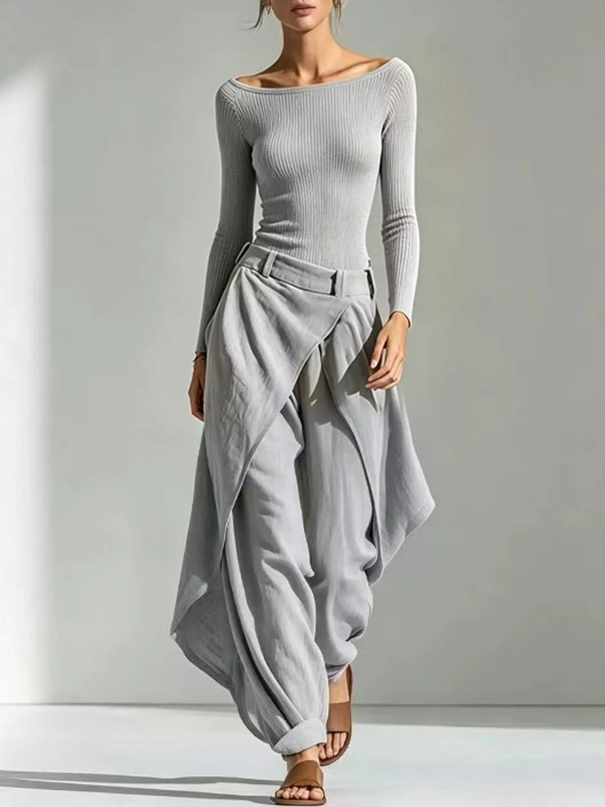 Gray ribbed boat-neck long-sleeve top with draped harem pants, two-piece set