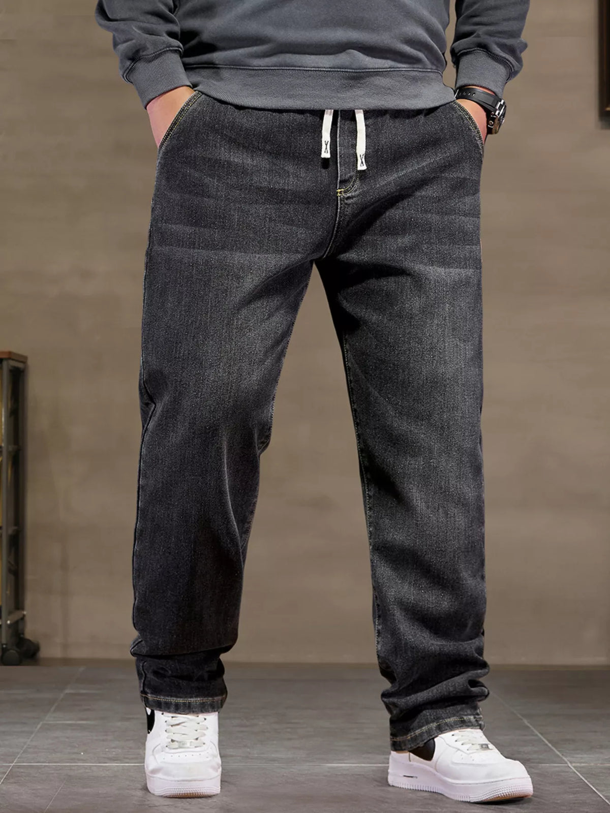 Men's relaxed drawstring cotton jeans, black, tapered jogger style with front pockets