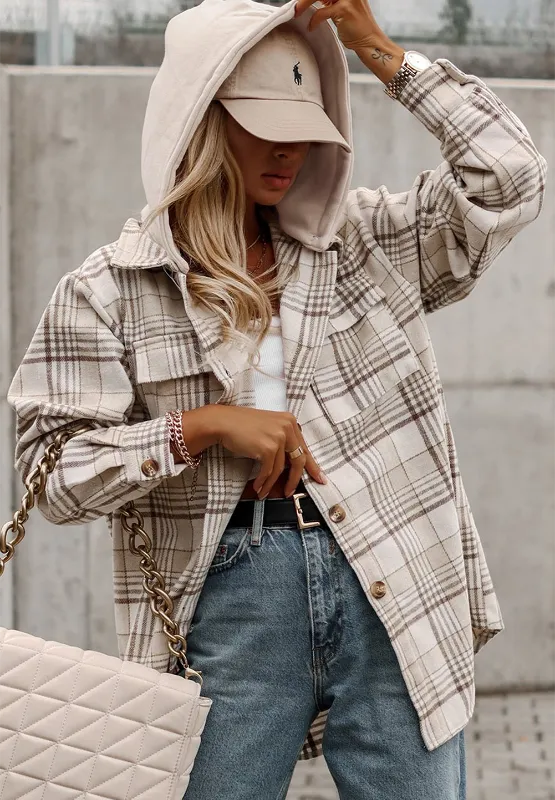 Plaid shacket with removable hood and button-front; relaxed long sleeves and chest flap pockets