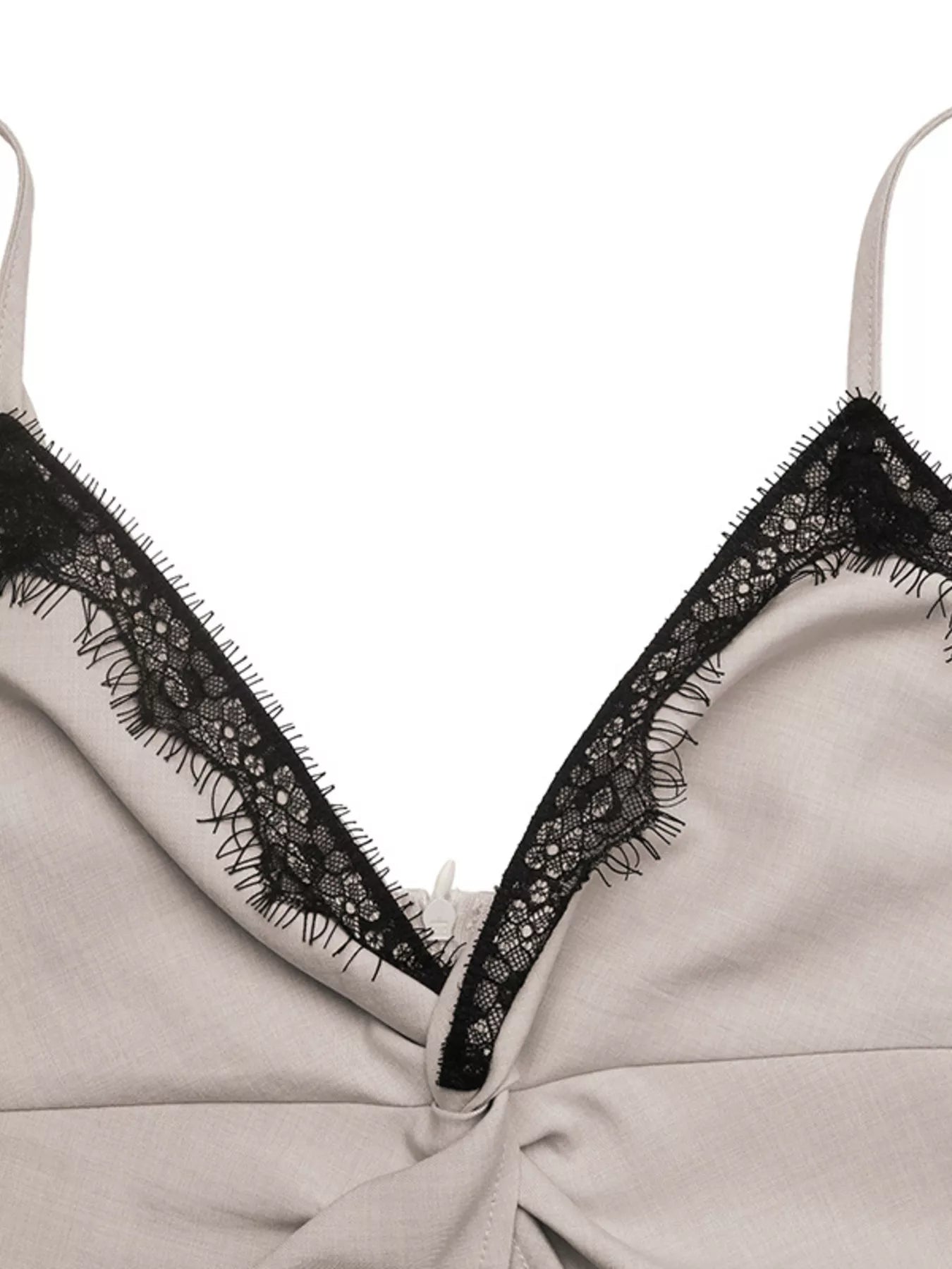 Cedar & Moore Lace Trim Twist Front Cami beige with black lace edging and slim straps.