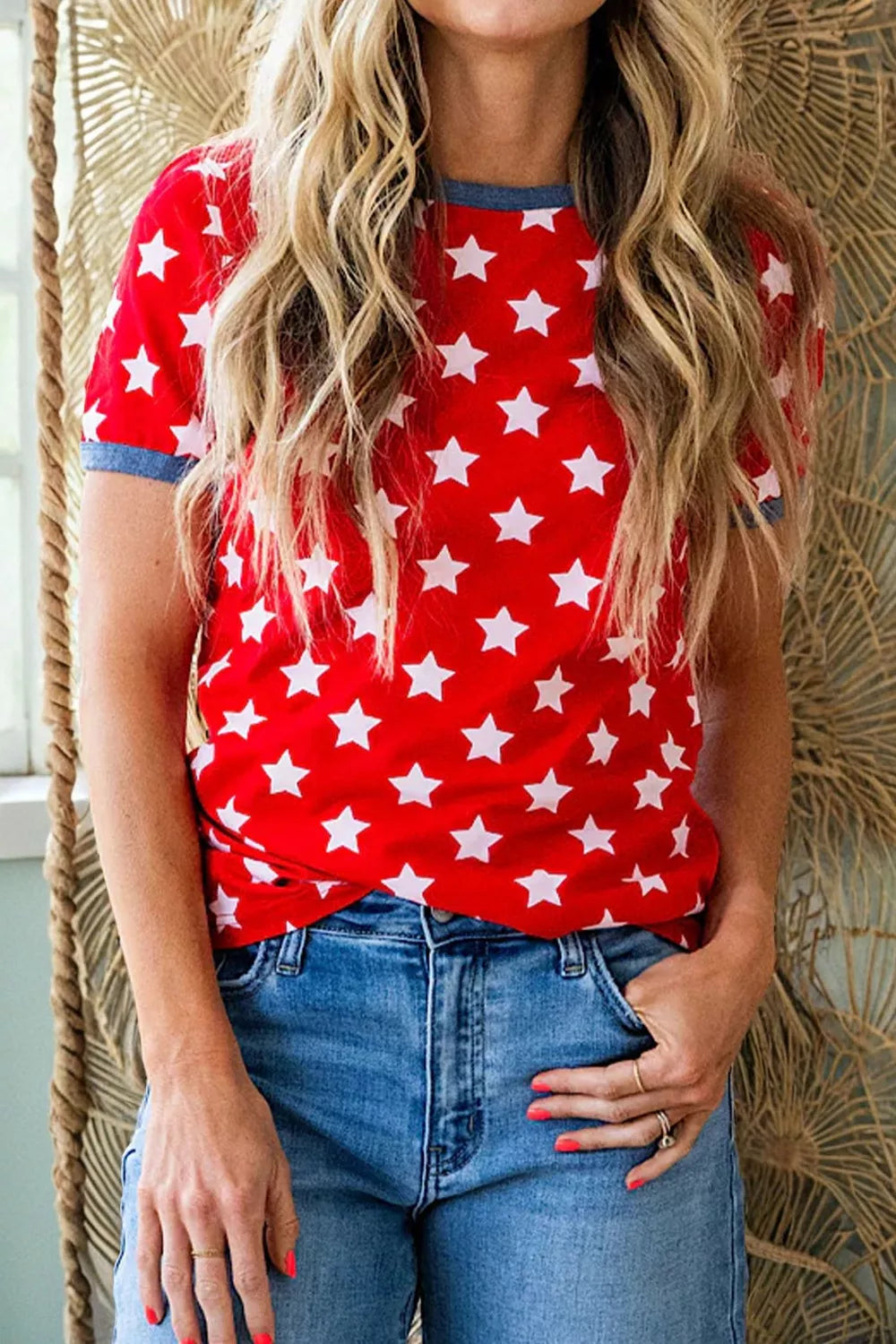 Cedar & Moore Stars print red viscose tunic top with colorblock binding tape collar and cuffs