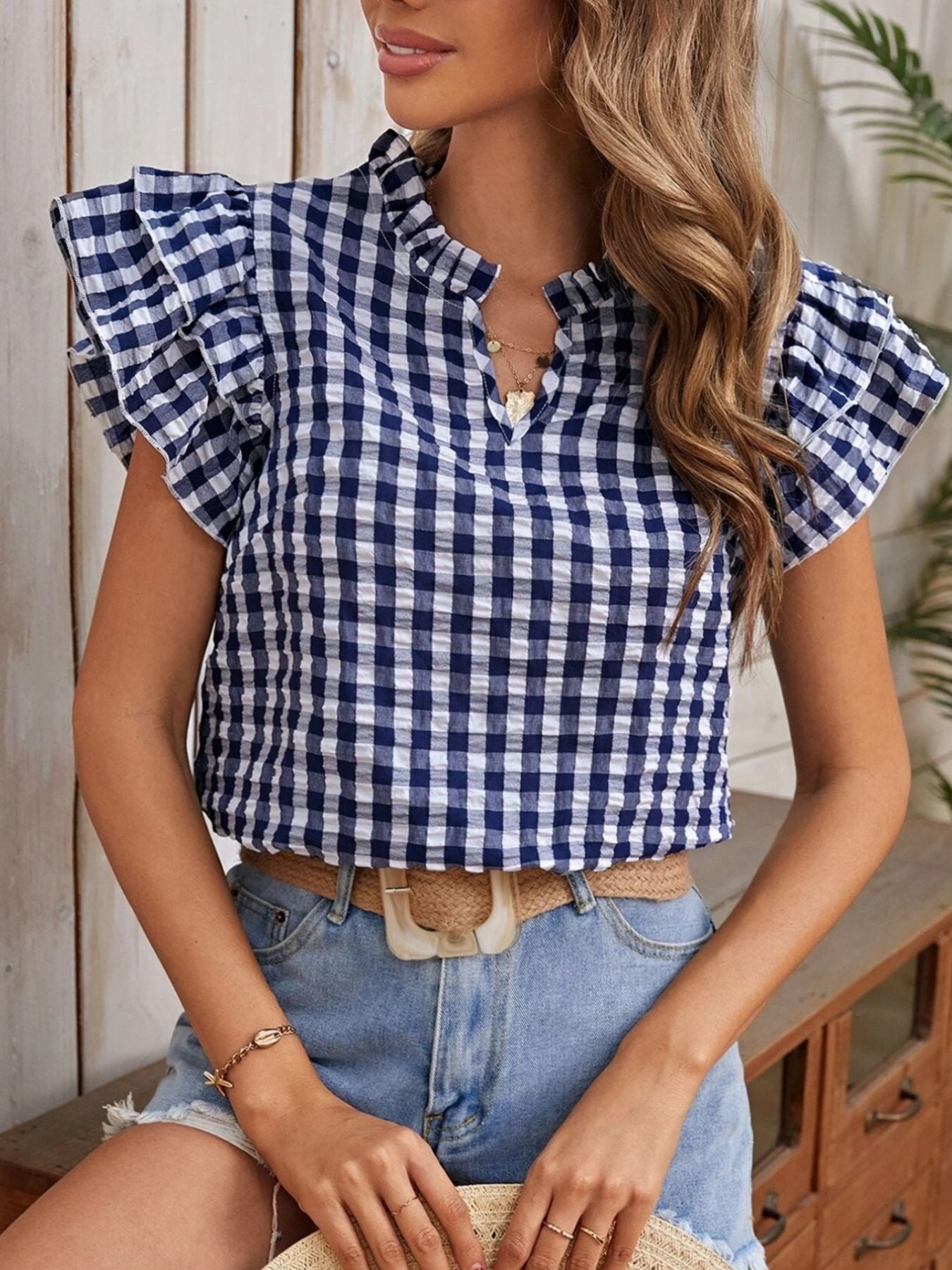 Gingham Ruffle Sleeve Blouse, blue and white gingham, by Trendsi