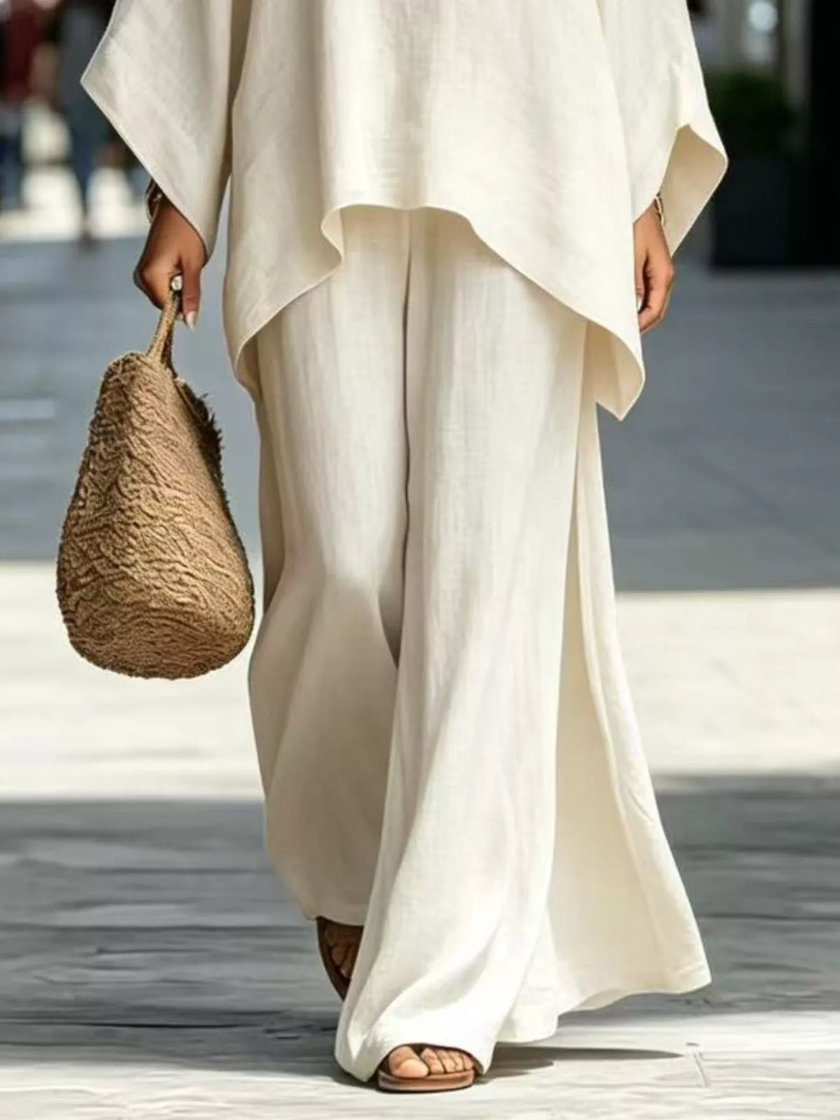 Two-piece batwing top and wide-leg pants set, light cream wide-leg pants and low-cuff hem