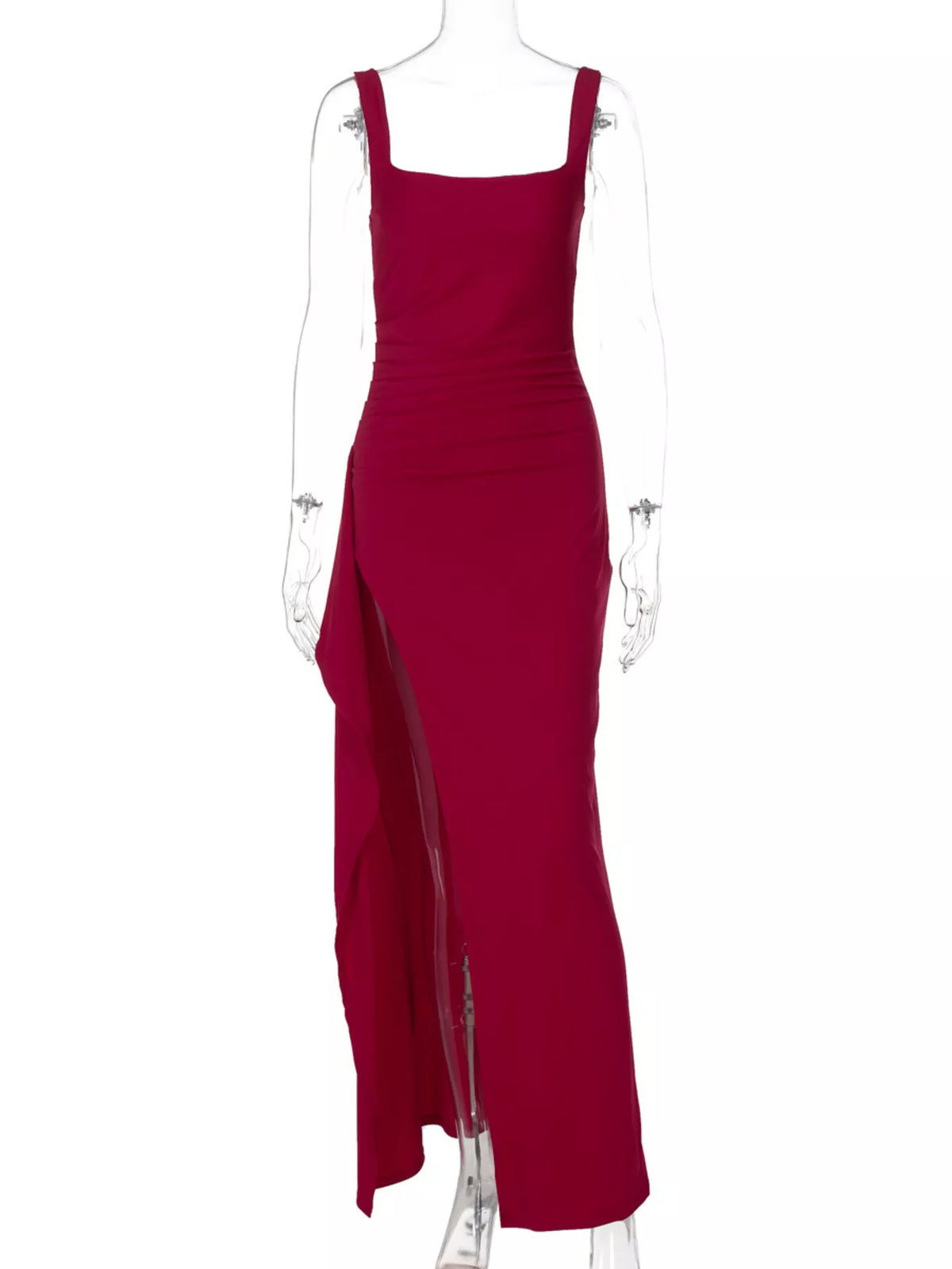 Wine red ruched square-neck maxi dress with spaghetti straps and side slit