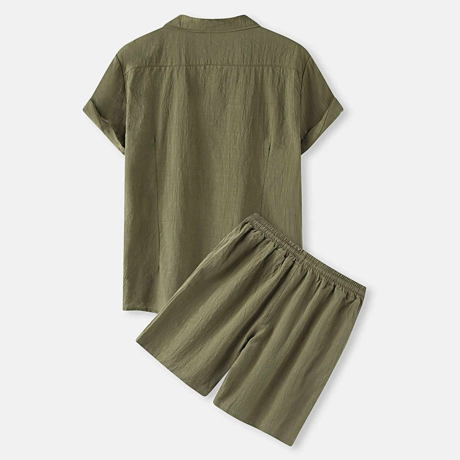 Army green button-up shirt back and drawstring shorts set, back view