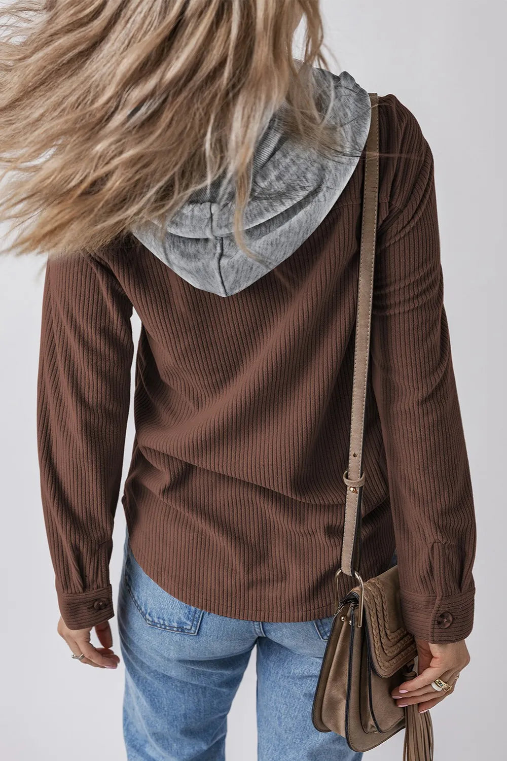 Dark brown striped hooded button-up jacket with drawstring, long sleeves and front pockets