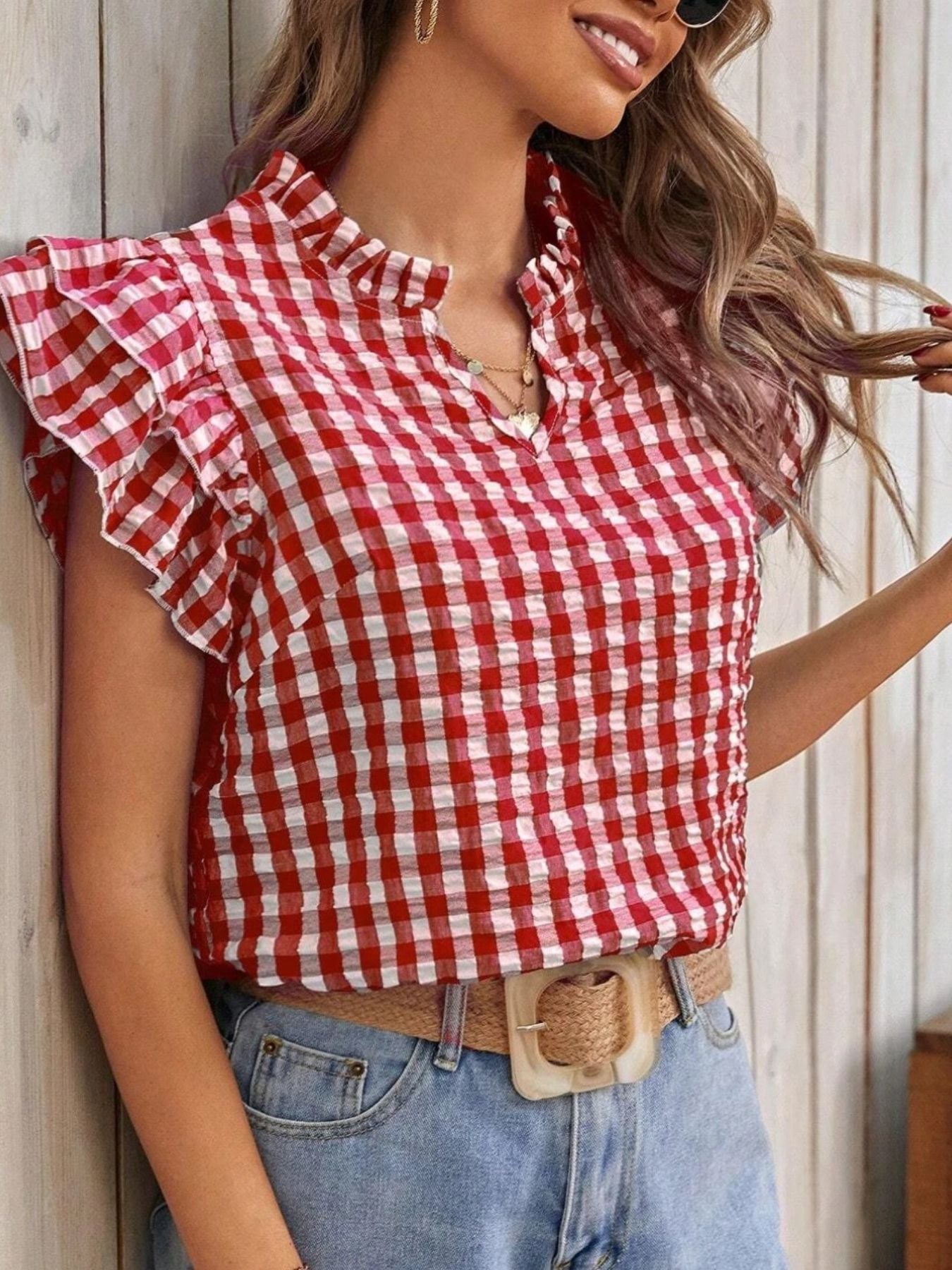 Gingham Ruffle Sleeve Blouse in red and white with ruffle sleeves