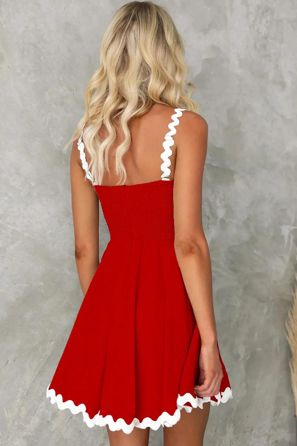 Contrast Trim Square-Neck Red Mini Dress with white wavy straps and hem