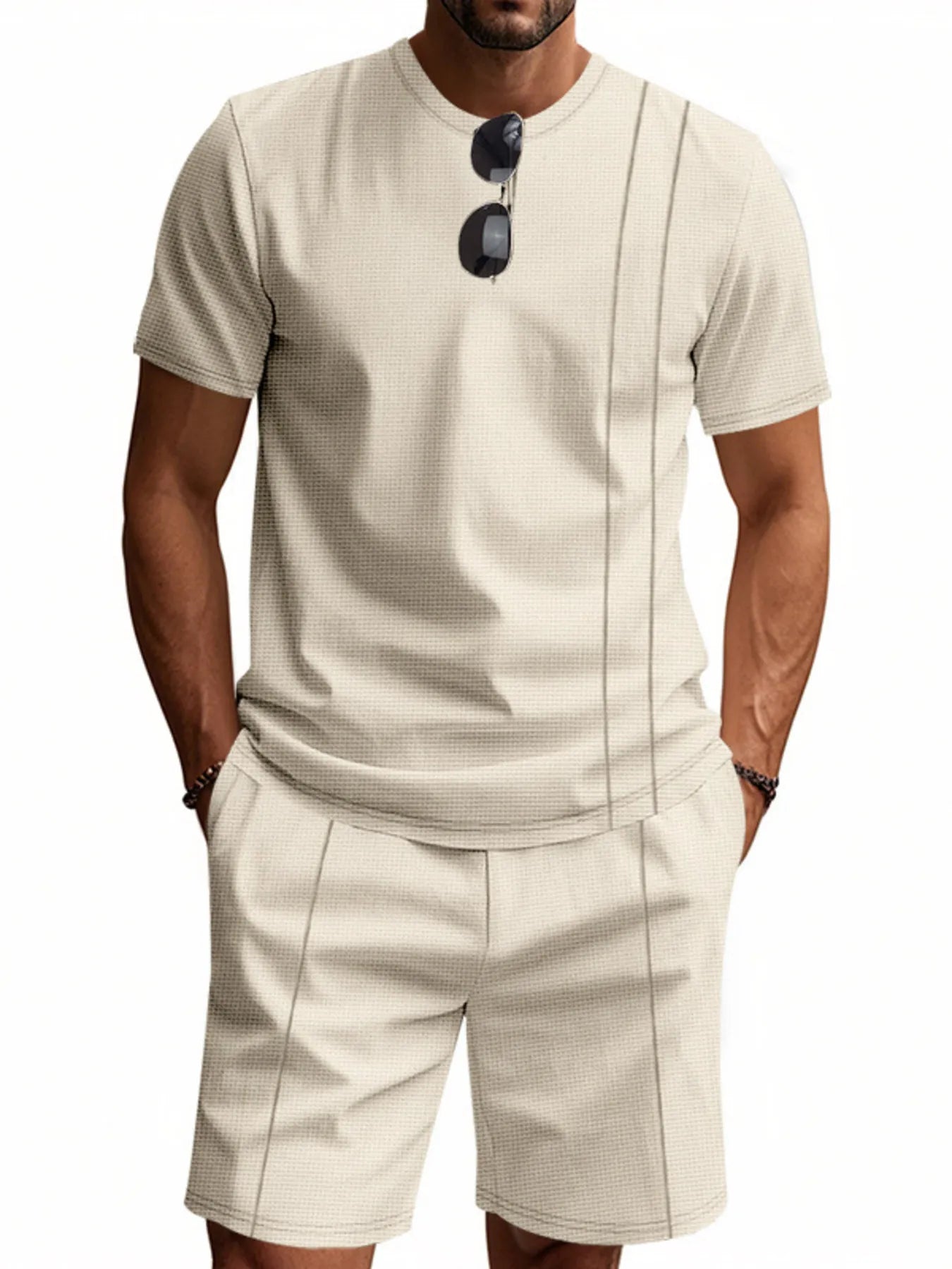 Men’s light beige short-sleeve round-neck T-shirt and matching drawstring shorts set