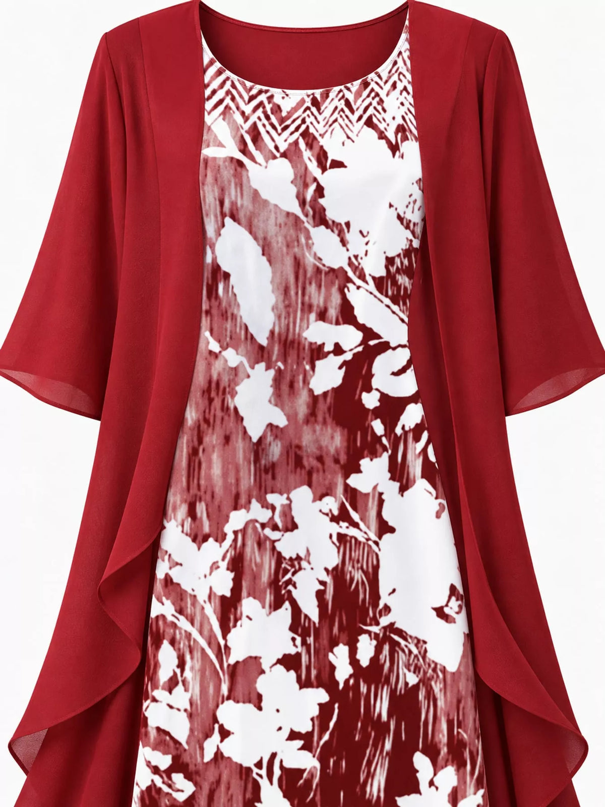Floral dress and chiffon cardigan set with red chiffon sleeves over burgundy-white print