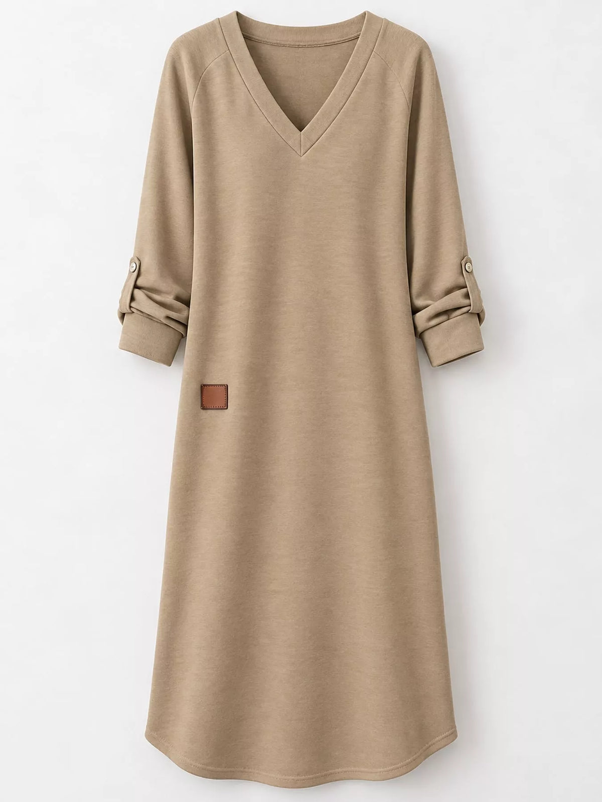 V-neck long-sleeve midi dress in light khaki-beige, front view with small patch and button tabs