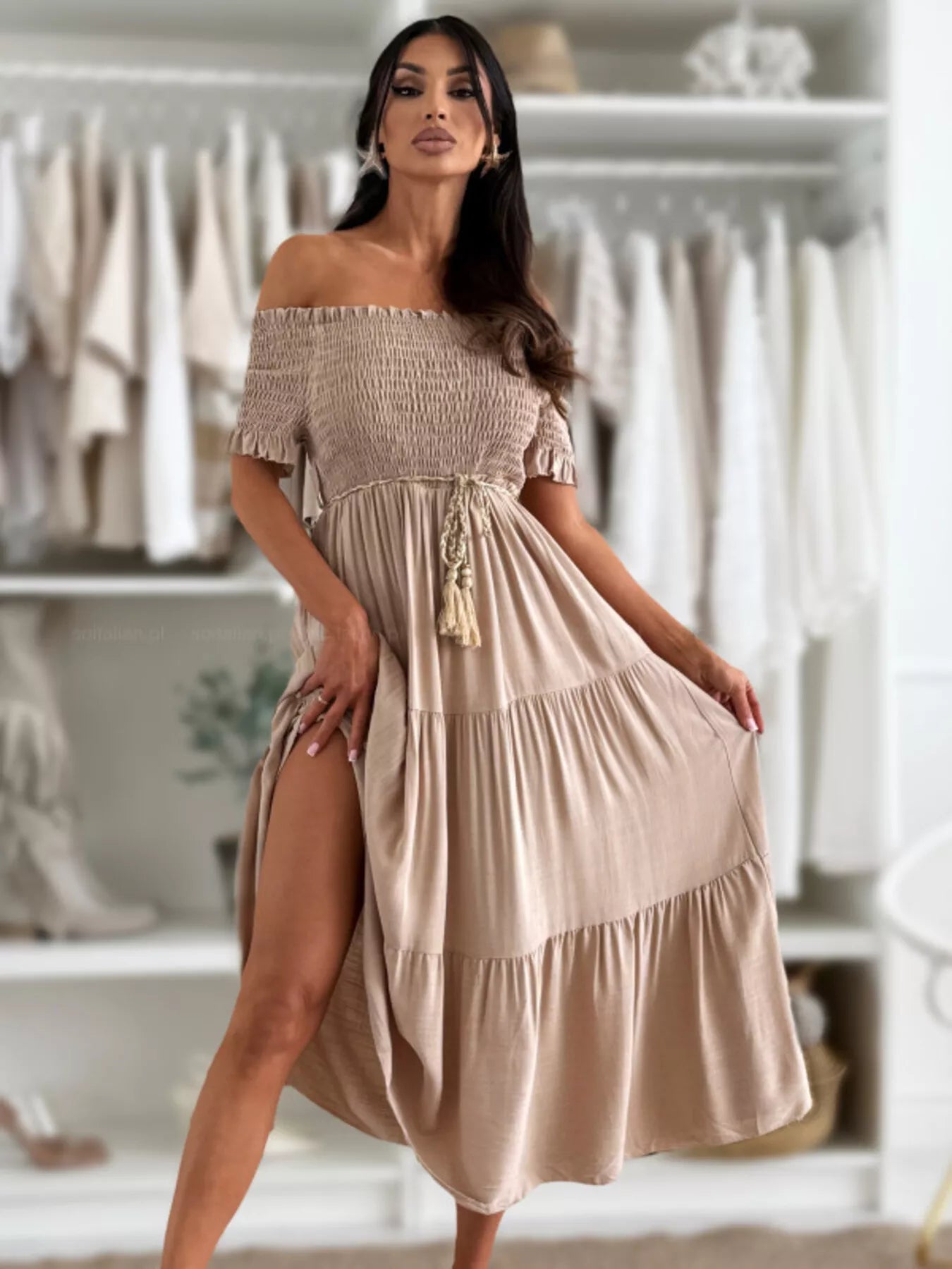 Dust Storm off-shoulder smocked tiered midi dress with gathered tiers and drawstring waist