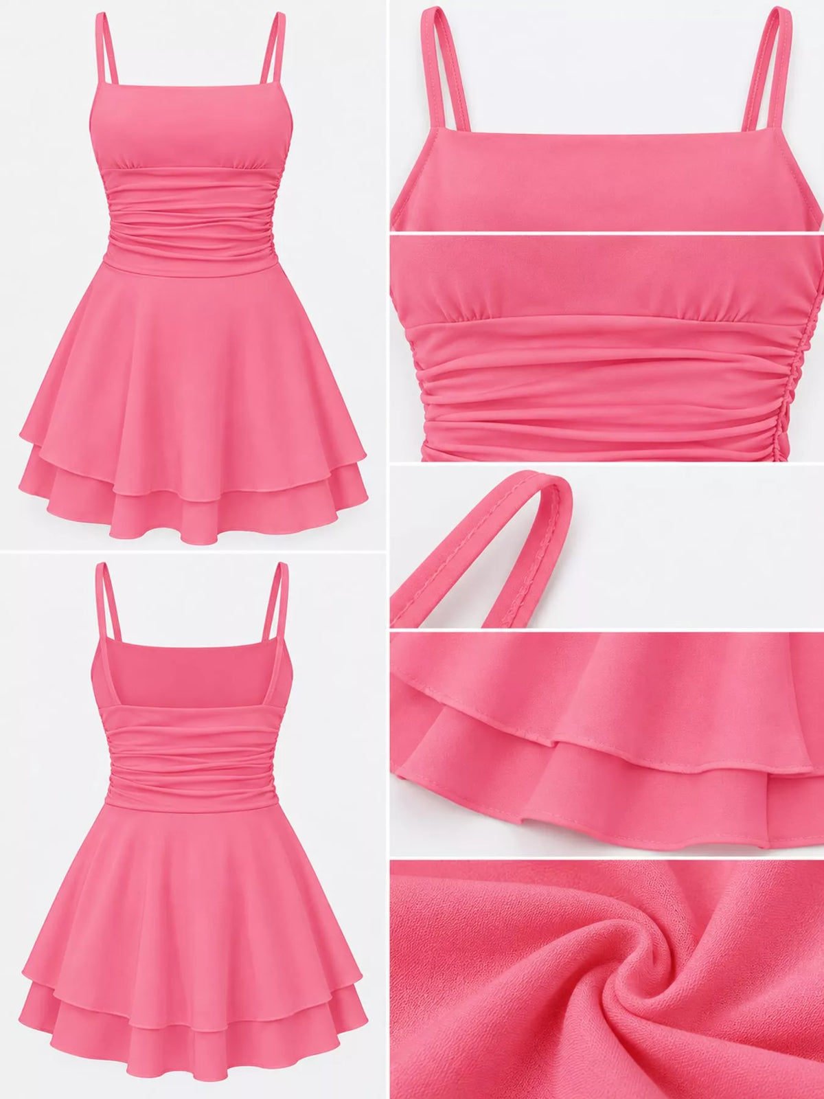 Backless ruched layered spaghetti-strap mini dress in bright pink with tiered skirt