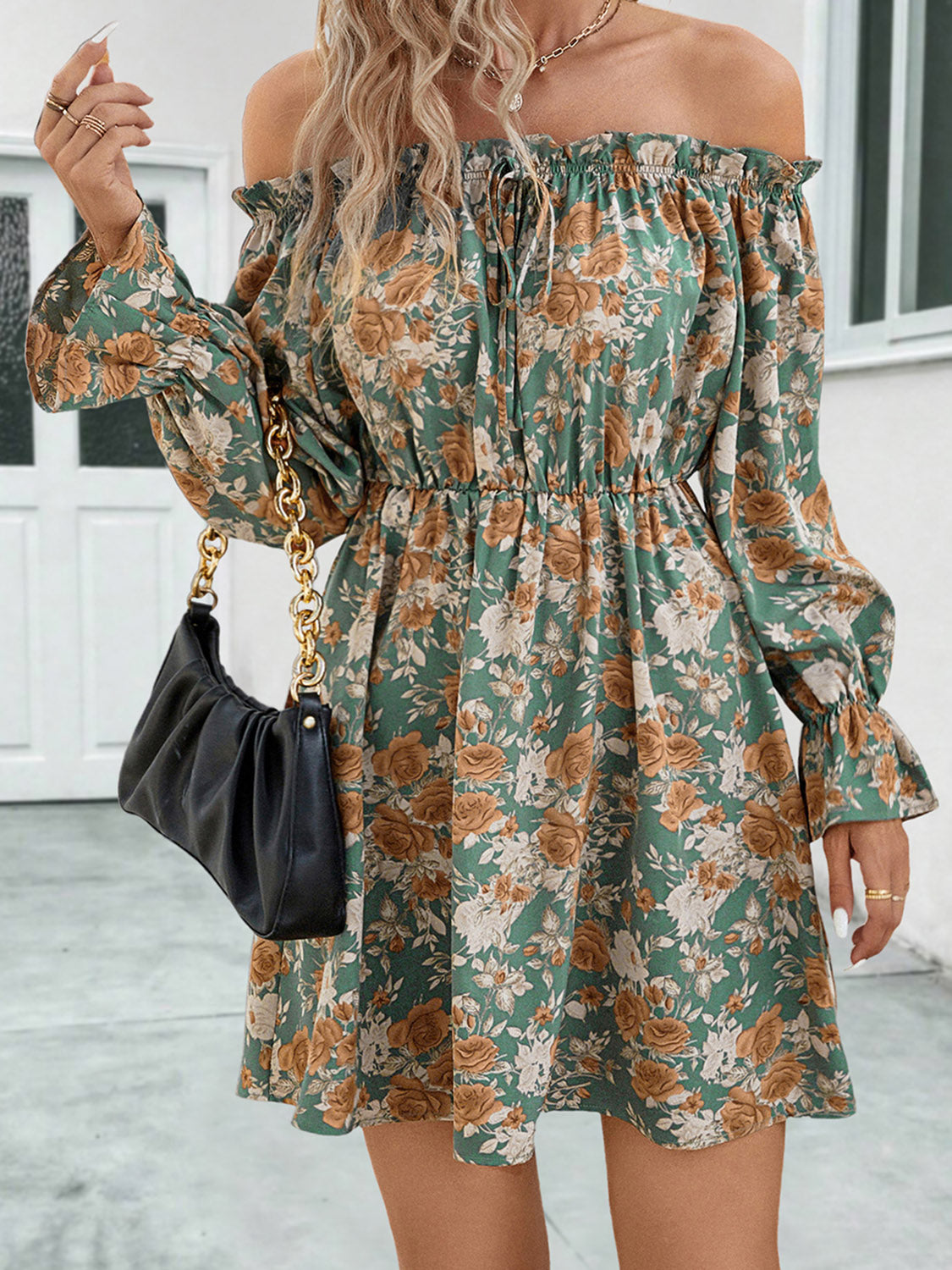 Light green floral off-shoulder dress with ruched neckline, gathered waist, flounce sleeves