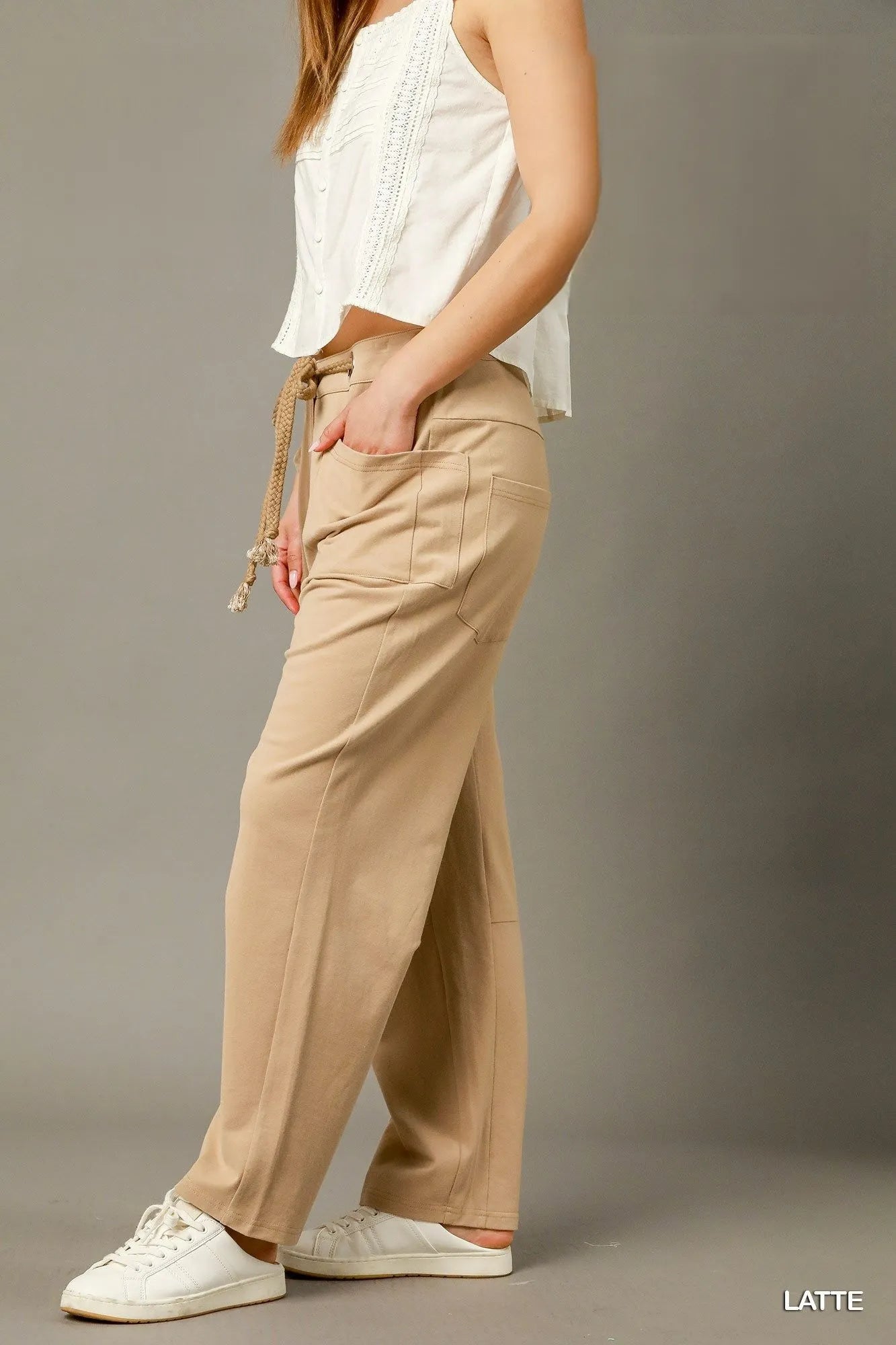 Latte cargo-inspired drawstring pants, side pockets and tapered legs