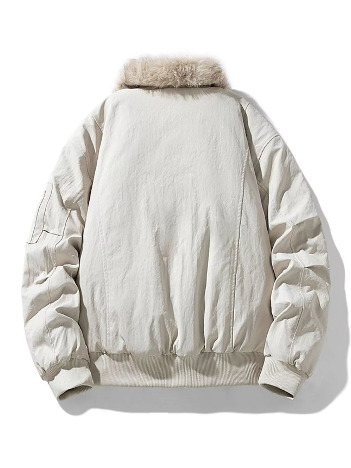 Off-white thick zip-up bomber jacket, back view, ribbed cuffs and hem