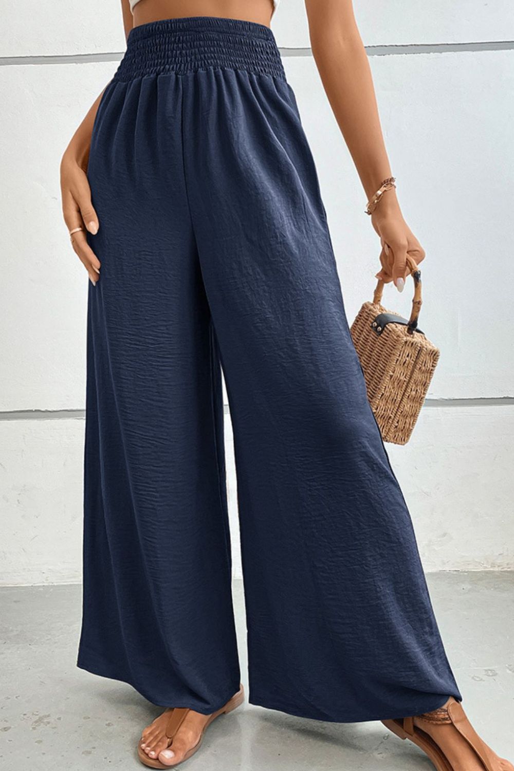 Navy relaxed-fit wide-leg long pants with smocked elastic waistband