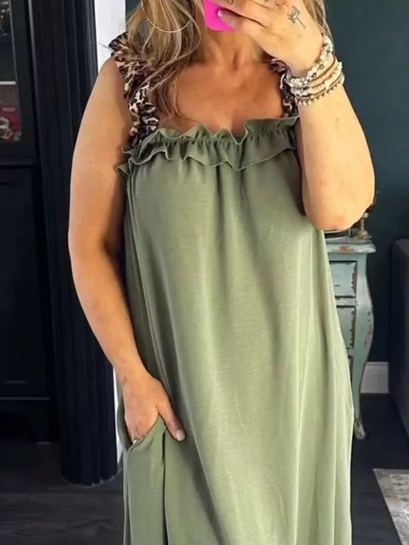 Trendsi plus-size olive-green ruffled-strap maxi dress with pockets