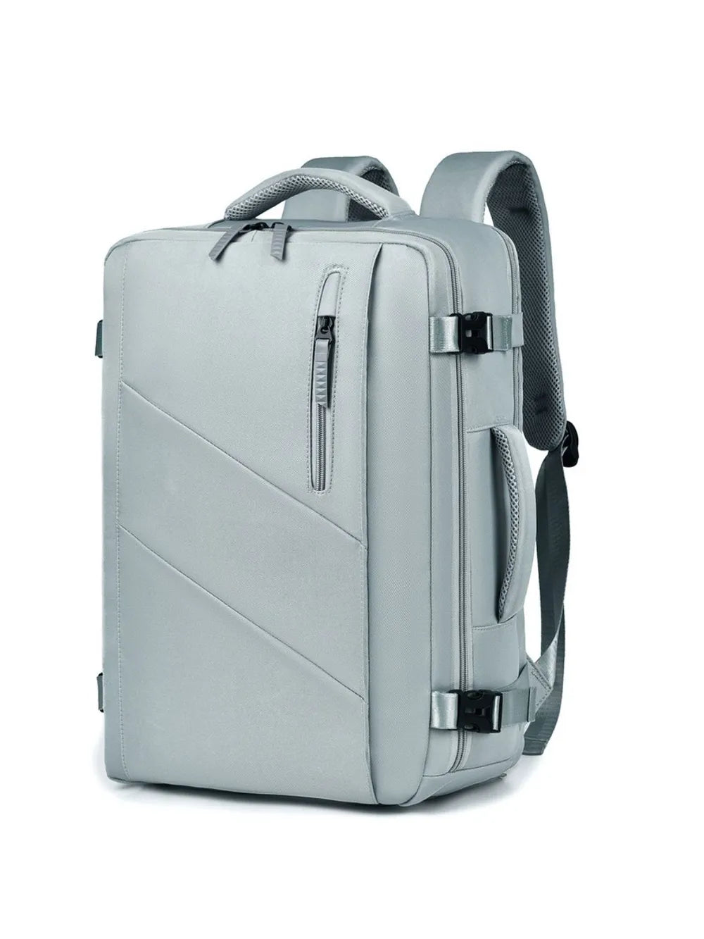 Light blue backpack bag with top handle, front zip pocket, and adjustable straps