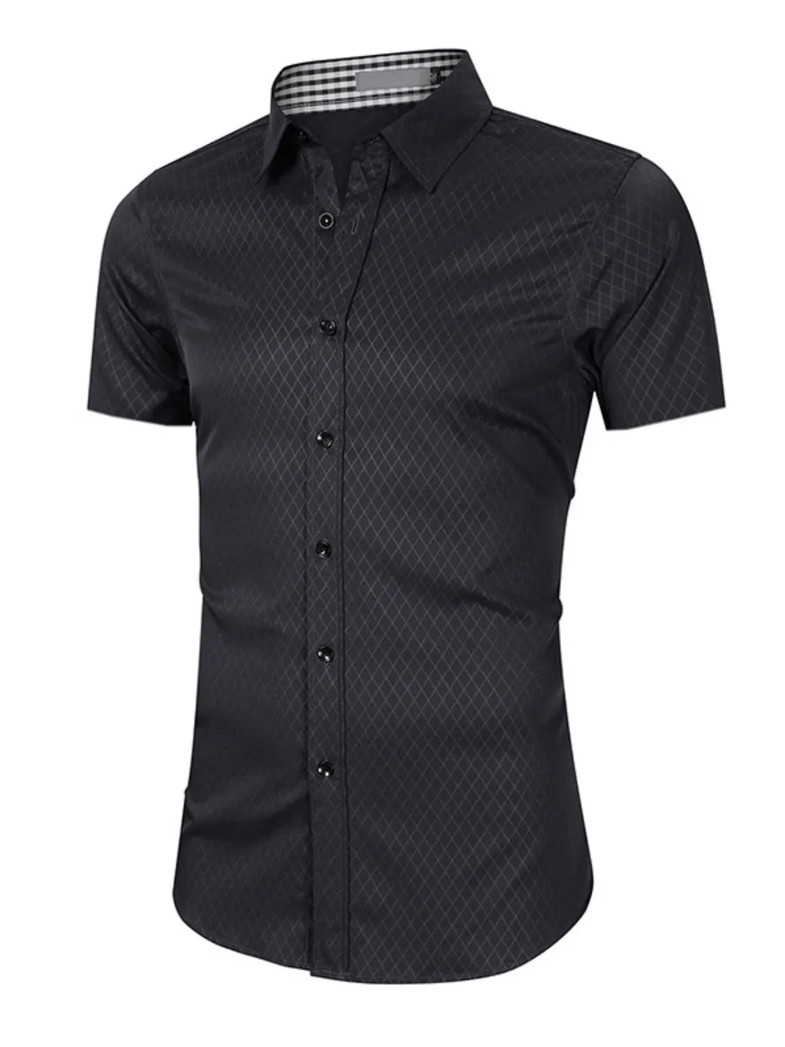 Men's collared short-sleeve shirt, dark black micro-pattern, short button placket.