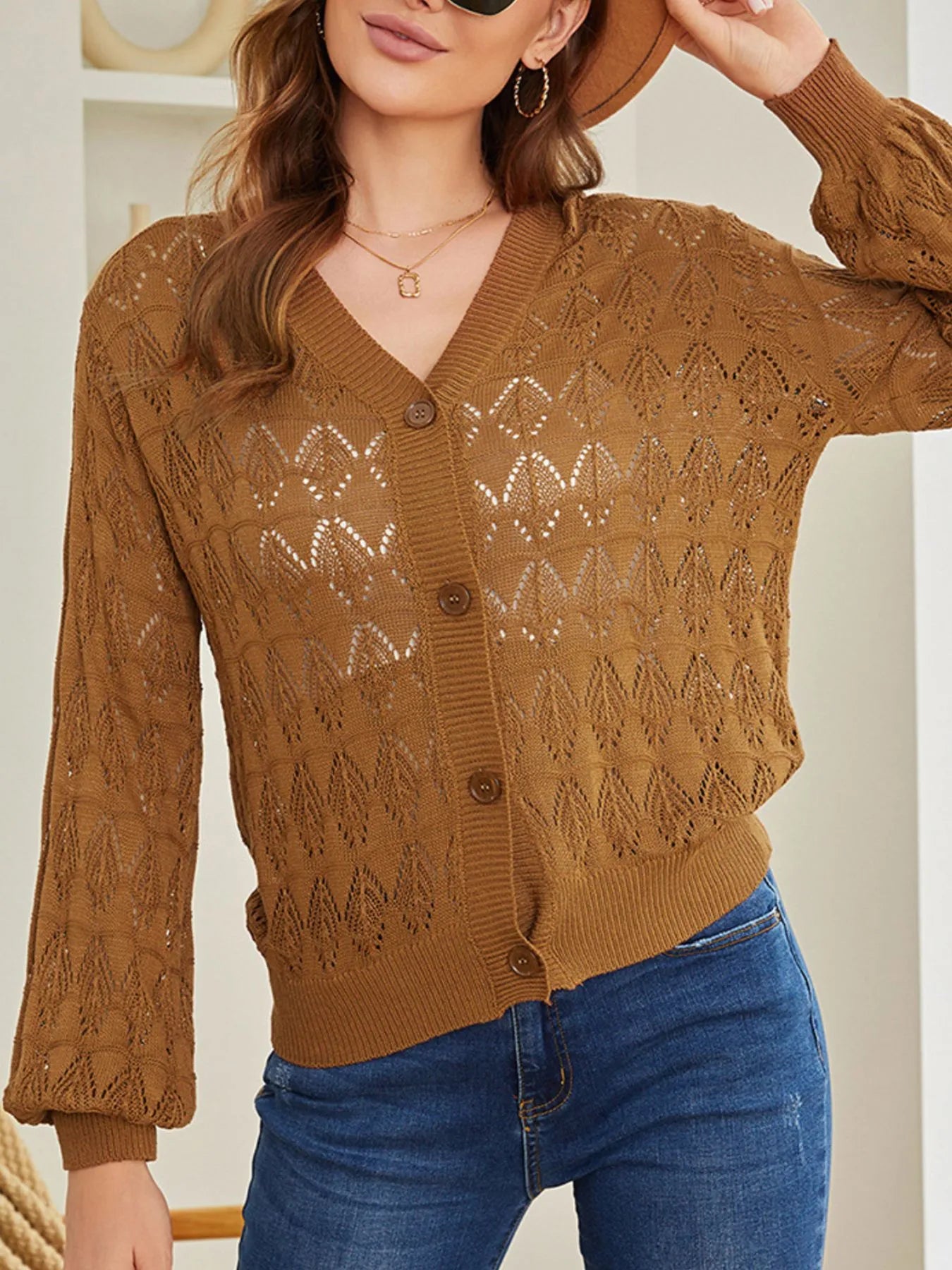 Brown openwork button-up cardigan with V-neck, long sleeves, and diamond lattice knit