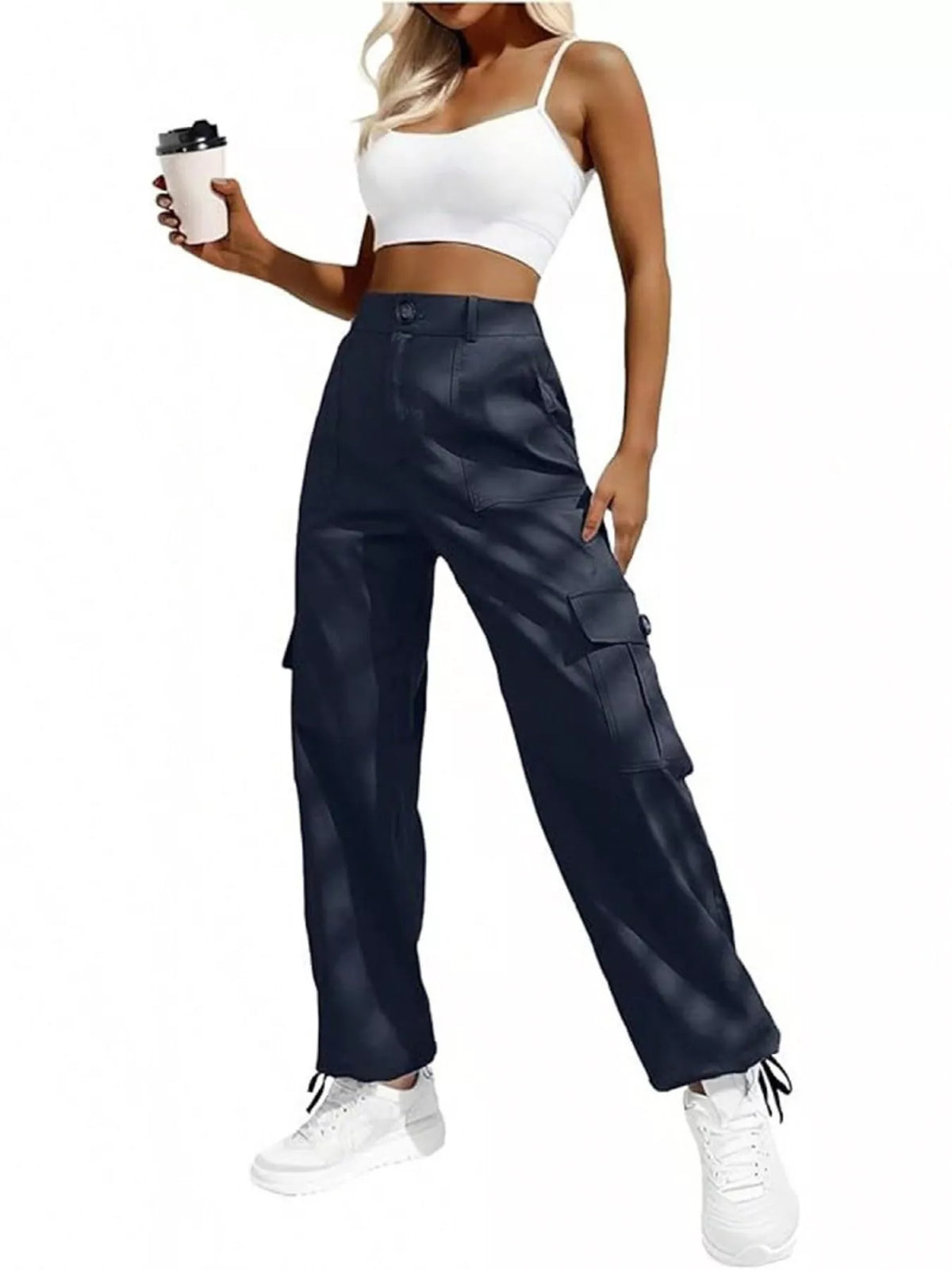 High-waist dark blue cargo pants with drawstring cuff hems and side pockets