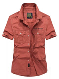 Men's casual short-sleeve button-front cotton shirt, orange, two chest pockets