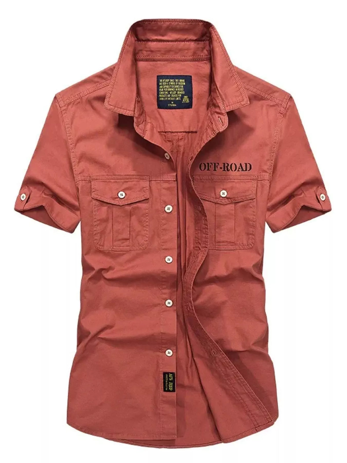 Men's casual short-sleeve button-front cotton shirt, orange, two chest pockets
