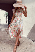 Floral smocked dress with butterfly sleeves and front slit, gathered waist, midi length