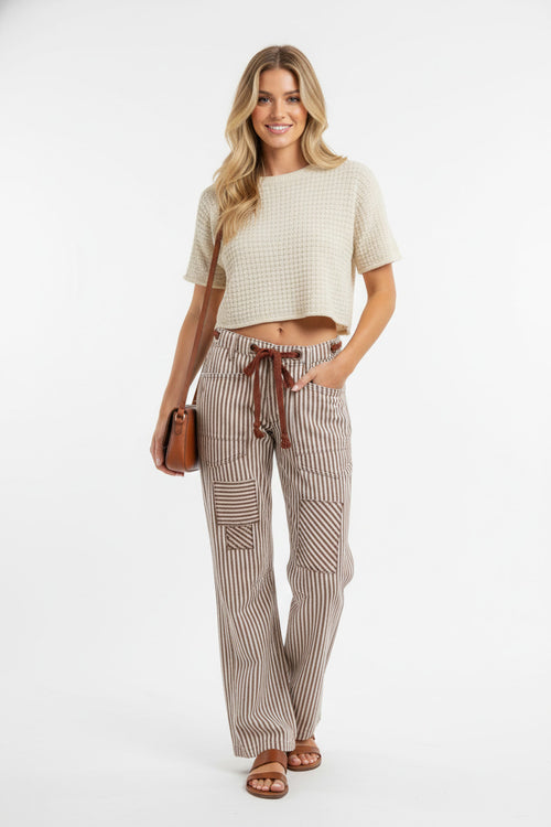 BiBi drawstring striped twill barrel pants with patch pockets, ankle length, tie waist