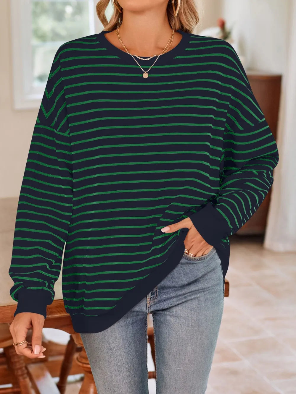 Striped round-neck long-sleeve sweatshirt, dark green with thin green horizontal stripes