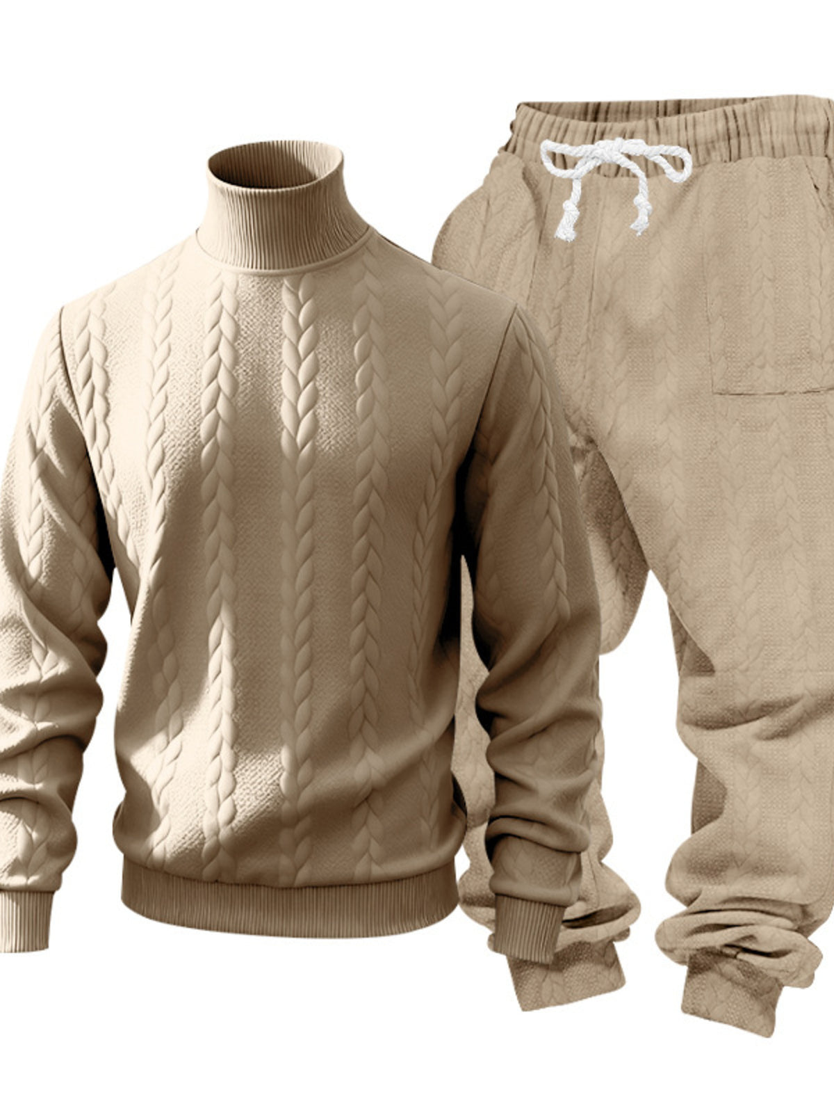 Men's beige cable knit mock neck sweater and joggers set, textured knit and drawstring waist