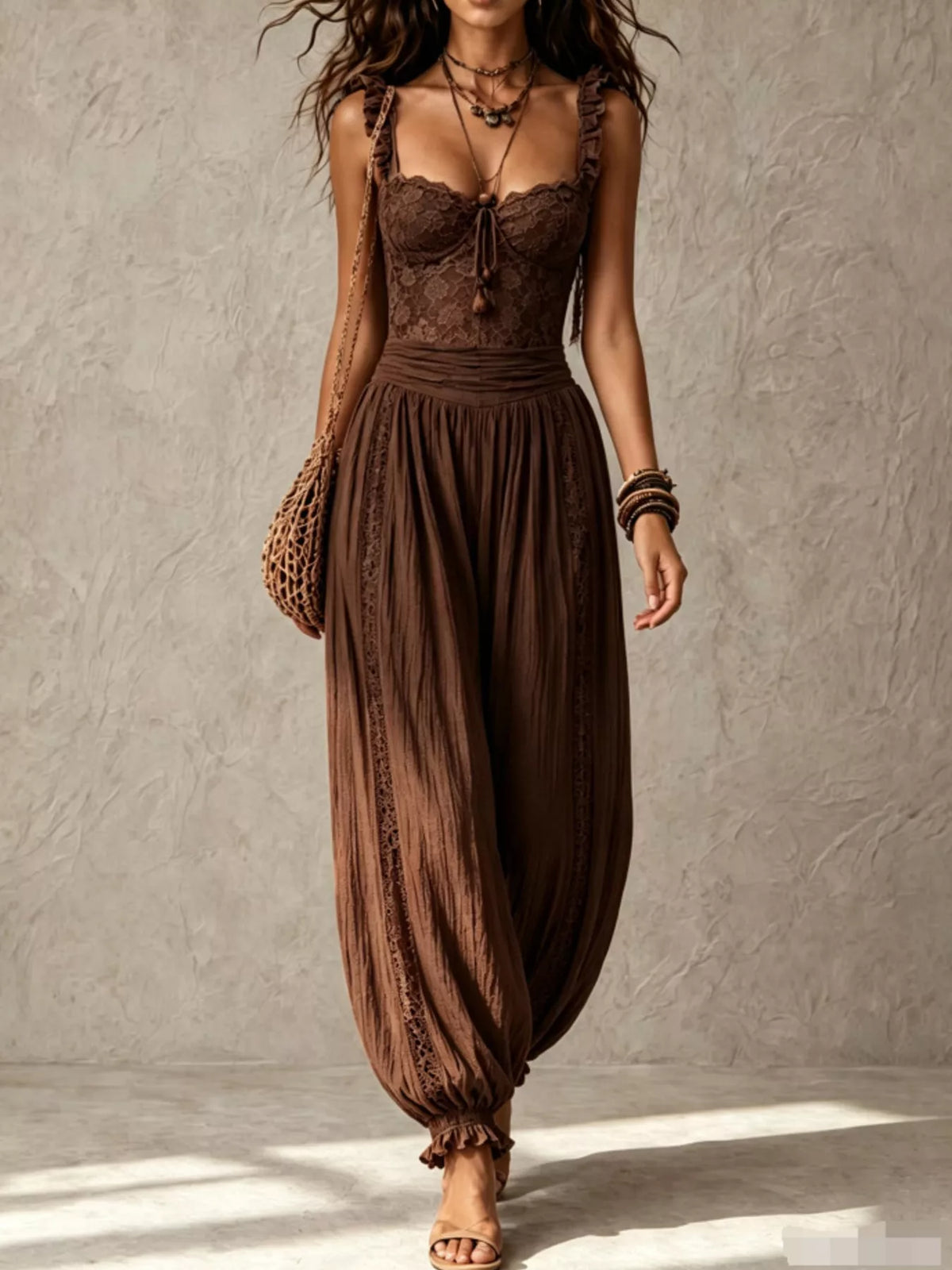 Lace corset jumpsuit with harem pants, dark brown lace bodice