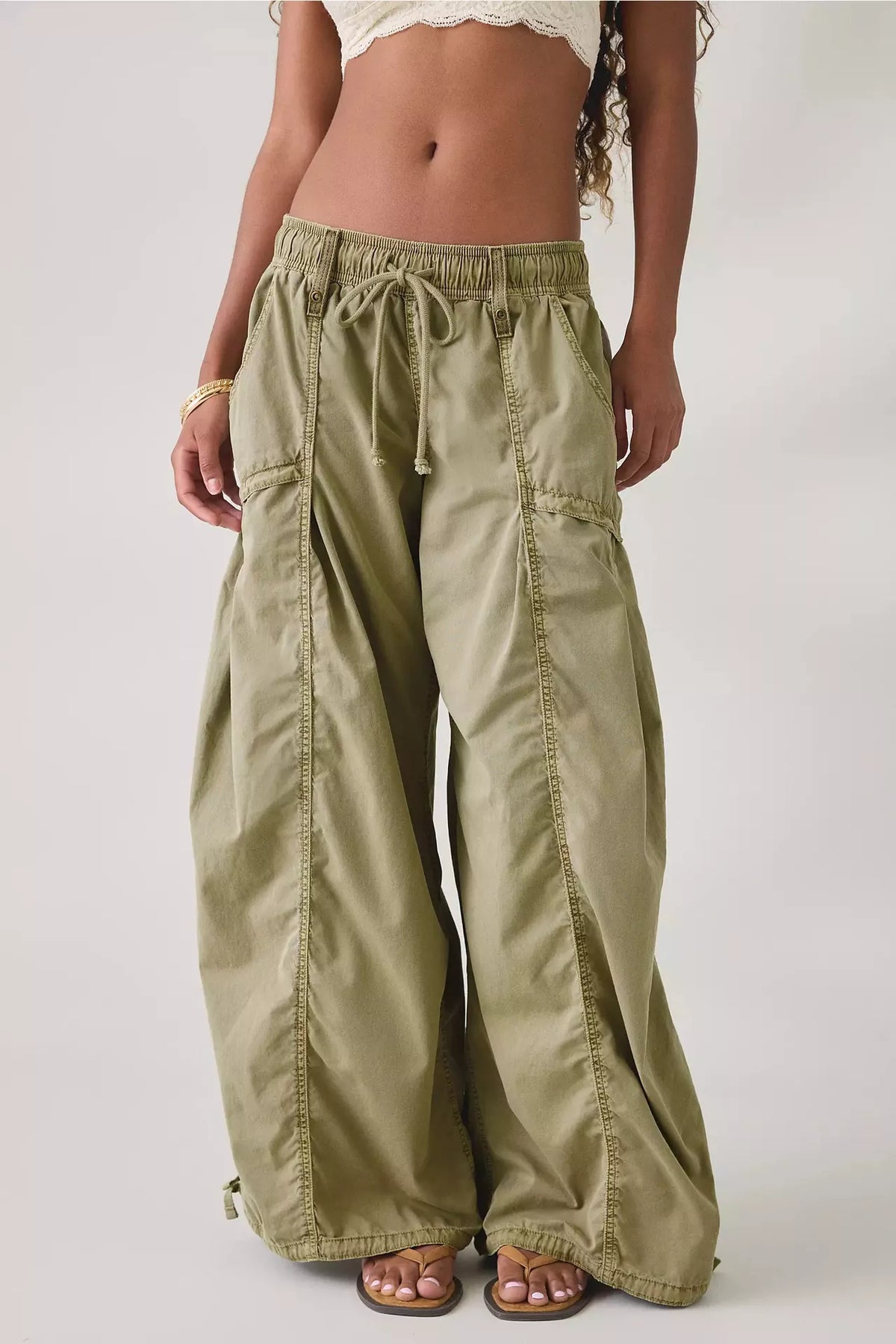 Olive high-waisted cargo wide-leg pants with drawstring and side flap pockets