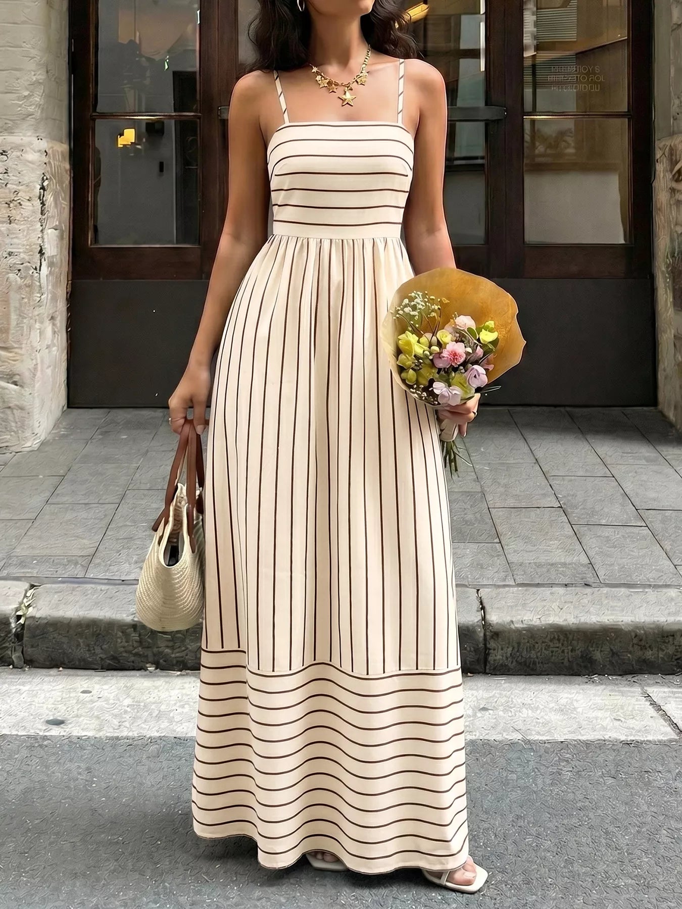 Cedar & Moore Striped Print Spaghetti Strap Maxi Dress, cream with brown stripes, Trendsi
