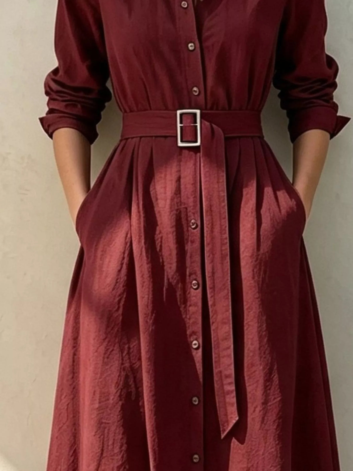 Burgundy belted midi shirt dress detail with button placket and draped tie