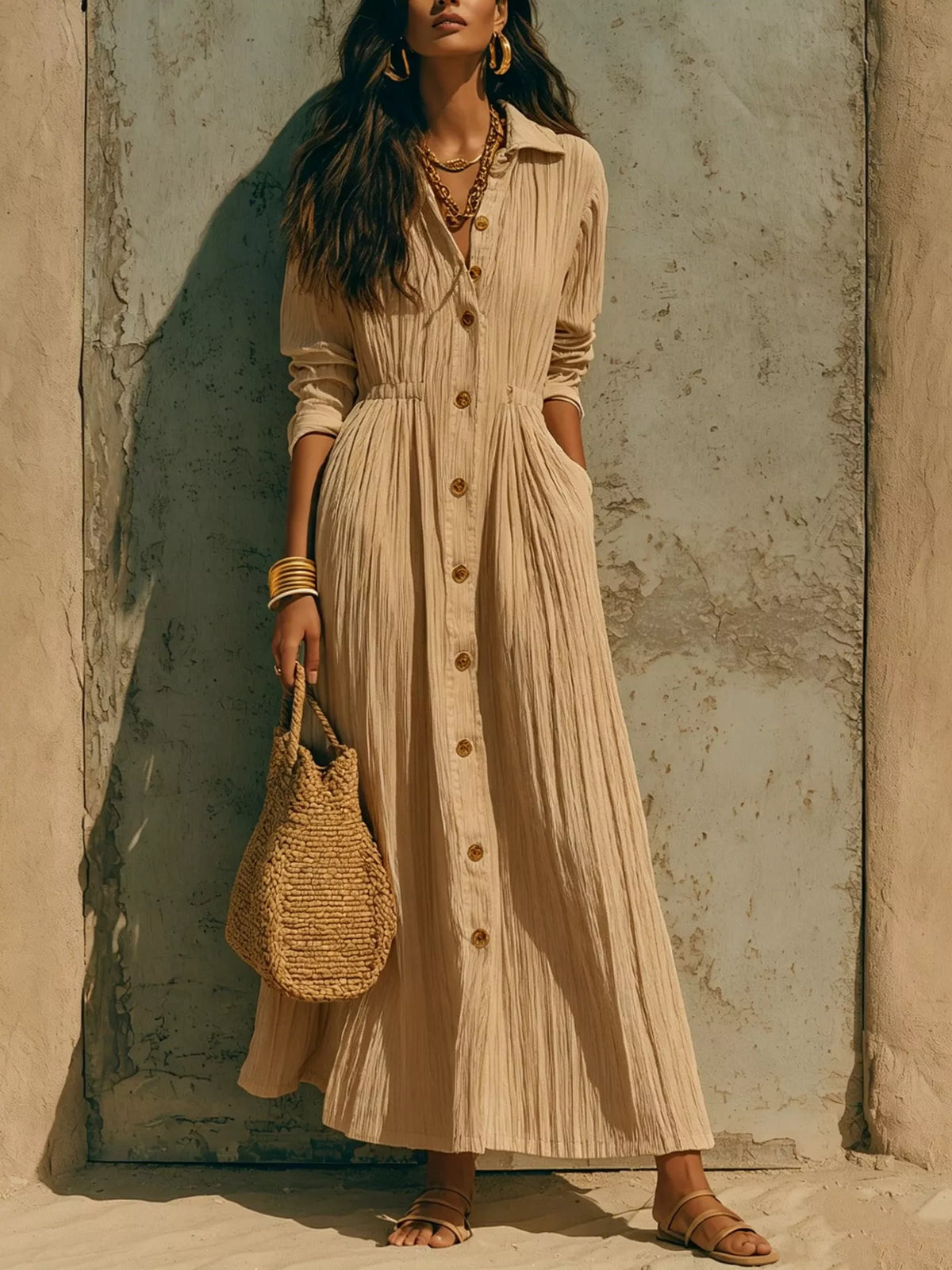 Textured button-front long-sleeve maxi dress in khaki, gathered waist and gold buttons