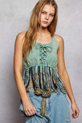 Cedar & Moore POL Lace-Up Fringe Hem Tank with Lace Detail in sage green, lace-up front, fringe hem