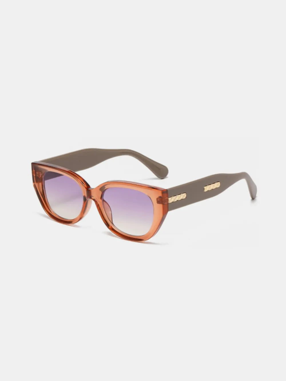 Brown cat-eye polycarbonate sunglasses with purple-tinted lenses and slim temples