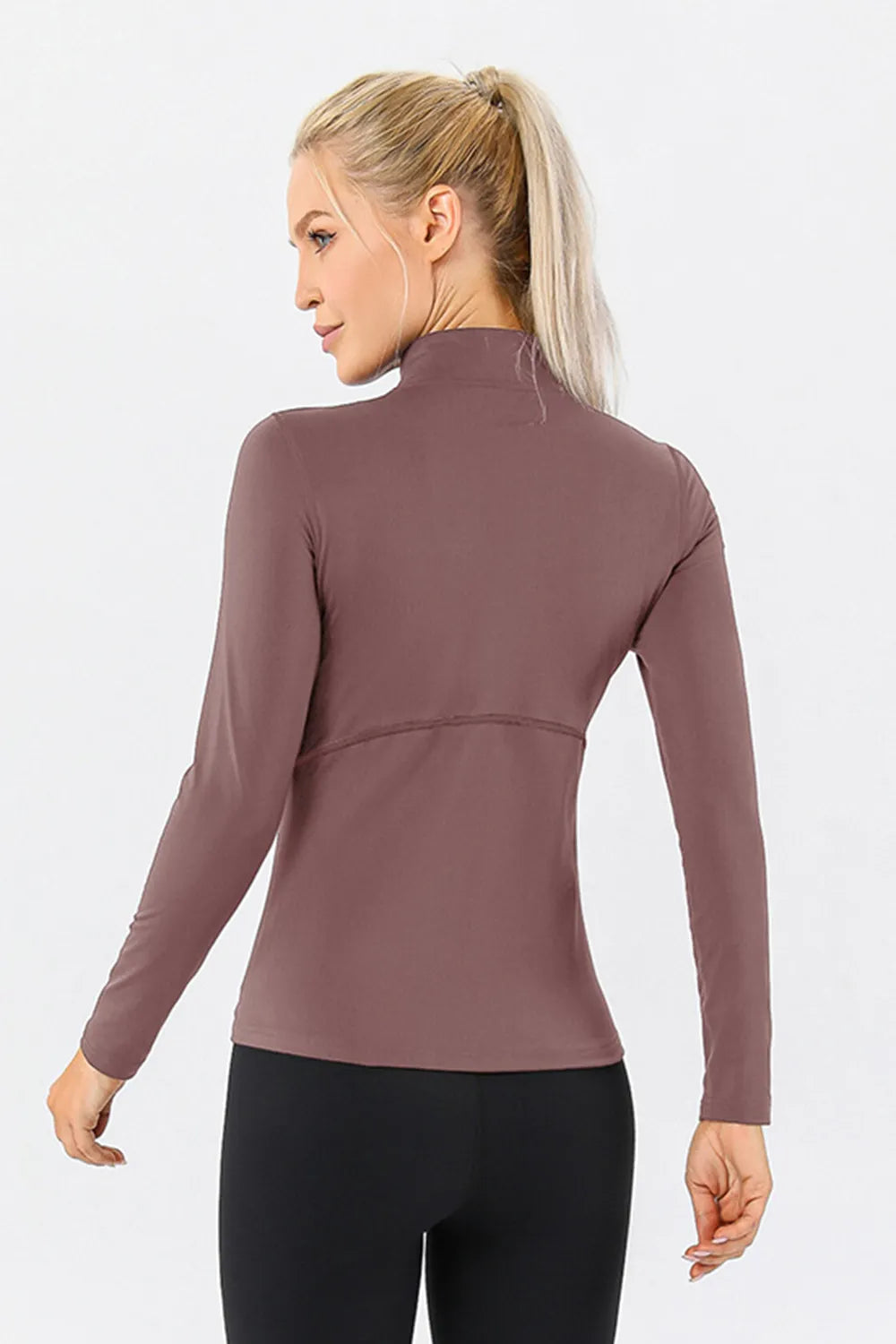 Mock neck active t-shirt in dusty rose, long sleeves, back view