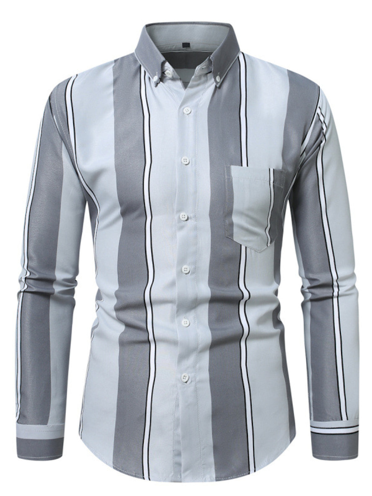 Men's slim fit striped button-up cotton shirt, light gray with dark gray vertical stripes